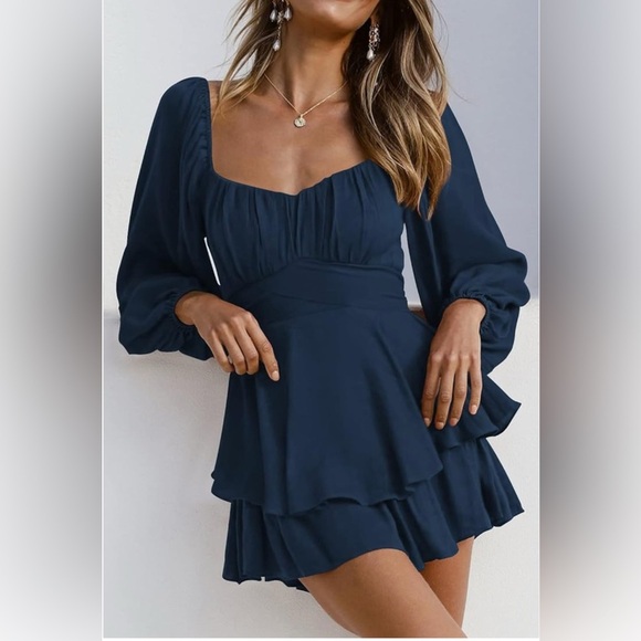 Romper Long Sleeve Off Shoulder Ruffle Chiffon Shorts Medium Navy Blue Boho Zip - Picture 3 of 11